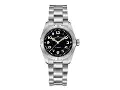 Hamilton Khaki Field Expedition Automatik Edelstahl 37mm schwarzes Zifferblatt Metallband – Herrenuhren Uhr ohne Datum aus Edelstahl. Das Gehäuse ist rund und silber. Das Edelstahlarmband ist silber. Das Zifferblatt ist arabisch und schwarz.