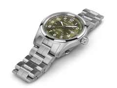Hamilton Khaki Field Automatik Edelstahl 42mm grünes Zifferblatt Metallband – Herrenuhren Uhr ohne Datum aus Edelstahl. Das Gehäuse ist rund und silber. Das Edelstahlarmband ist silber. Das Zifferblatt ist arabisch und grün. – Ansicht 4