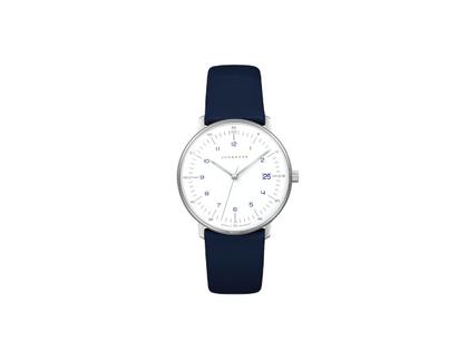 Junghans Max Bill Quarz Edelstahl 32mm weißes Zifferblatt blaues Lederband – Damenuhren Uhr mit Datum aus Edelstahl und Leder. Das Gehäuse ist rund und silber. Das Lederarmband ist blau. Das Zifferblatt ist arabisch Index und weiß.