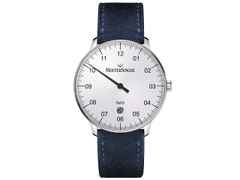 MeisterSinger Neo  Plus silber – Herrenuhren Uhr mit Datum aus Edelstahl. Das Gehäuse ist rund und silber. Das Lederarmband ist blau. Das Zifferblatt ist arabisch und silber.