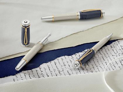 Montblanc Writers Edition                    2024: Jane Austen Limited Edition  3er Set – Schreibgeräte Füllfederhalter in beige und aus 750 Gelbgold, Edelharz, Metall, platiniert, rhodiniert und vergoldet. – Ansicht 7