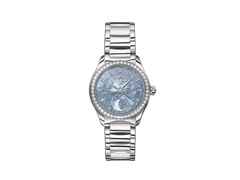 Glashütte Original Lady Serenade Luna Automatik Edelstahl 32,5mm blaues Perlmutt-Zifferblatt Metallband – Damenuhren Uhr ohne Datum aus Edelstahl und Leder. Das Gehäuse ist rund und silber. Das Edelstahlarmband ist silber. Das Zifferblatt ist ein Index in blau.