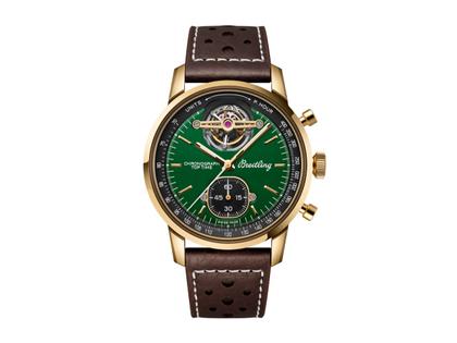 Breitling Top Time B21 Ford Mustang Tourbillon Automatik Bronze grünes Zifferblatt braunes Lederband – Herrenuhren Chronograph aus Bronze. Das Gehäuse ist rund und gelbgold. Das Lederarmband ist braun. Das Zifferblatt ist ein Index in grün.