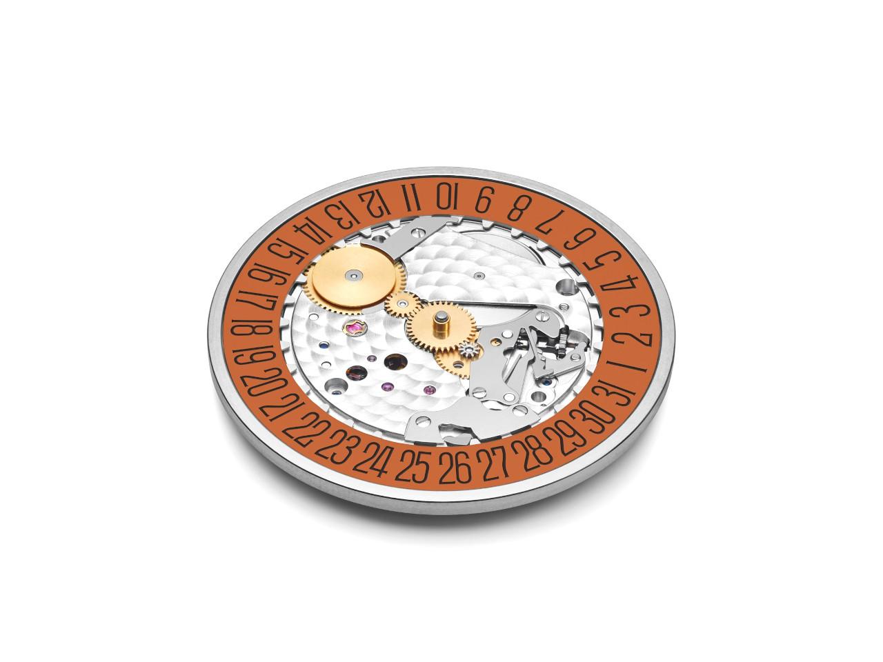 Nomos Glashütte Tangente 38 Datum "175 Years Watchmaking - Poporange" Handaufzug Edelstahl orangenes Zifferblatt graues Textilband Glasboden – Herrenuhren Uhr mit Datum aus Edelstahl. Das Gehäuse ist rund und silber. Das Textilarmband ist grau. Das Zifferblatt ist arabisch Index und orange. – Ansicht 7