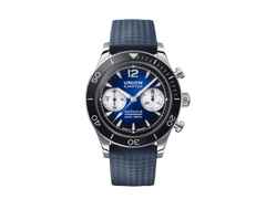 Union Glashütte Noramis Chronograph Sport Automatik Edelstahl 43mm blaues Zifferblatt blaues Kautschukband – Herrenuhren Chronograph aus Edelstahl, Kautschuk und Keramik. Das Gehäuse ist rund und silber. Das Kautschuk / Kunststoff / Silikon Armband ist blau. Das Zifferblatt ist arabisch Index und blau.