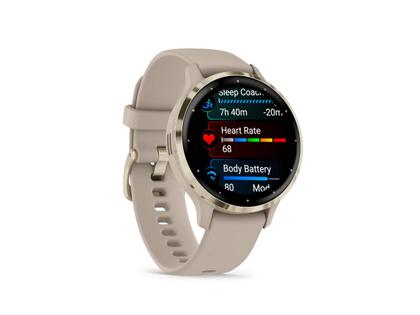 Garmin Venu 3S faserverstärktes Polymer French Grey 41mm beigefarbenes Kautschukband – Herrenuhren Uhr Multifunktion aus Edelstahl, Kautschuk, Kunststoff und PVD beschichtet. Das Gehäuse ist rund und beige. Das Kautschuk / Kunststoff / Silikon Armband ist beige. Das Zifferblatt ist digital und schwarz. – Ansicht 7