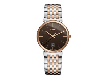 Rado Florence Quarz Edelstahl Roségold-PVD 38mm braunes Zifferblatt Metallband – Herrenuhren Uhr mit Datum aus Edelstahl und PVD beschichtet. Das Gehäuse ist rund und roségold. Das Edelstahlarmband ist silber-roségold. Das Zifferblatt ist ein Index in braun.