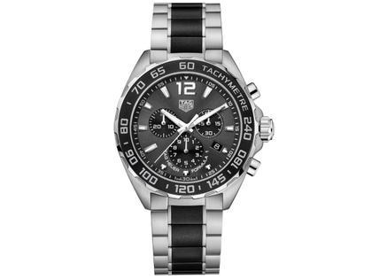 TAG Heuer Formula 1 Chronograph Quarz Edelstahl 43mm graues Zifferblatt Metallband – Herrenuhren Chronograph aus Edelstahl und Keramik. Das Gehäuse ist rund und silber. Das Edelstahlarmband ist silber. Das Zifferblatt ist arabisch Index und grau.