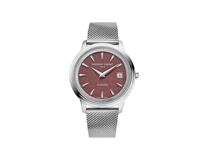 Frederique Constant Classics Moneta Solarmetre Quarz Edelstahl 39mm rotes Zifferblatt schwarzes Lederband und Metallband – Herrenuhren Uhr mit Datum aus Edelstahl. Das Gehäuse ist rund und silber. Das Lederarmband ist schwarz. Das Zifferblatt ist ein Index in rot. – Ansicht 2