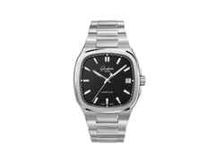 Glashütte Original Seventies Vintage Kollektion Vinyl Record Limited Edition Automatik Edelstahl 39x39mm schwarzes Zifferblatt Metallband und schwarzes Kautschukband – Herrenuhren Uhr mit Datum aus 750 Weißgold, Edelstahl und Kautschuk. Das Gehäuse ist quadratisch und silber. Das Edelstahlarmband ist silber. Das Zifferblatt ist ein Index in schwarz.