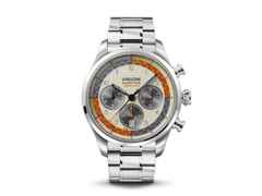 Union Glashütte Belisar Chronograph Silvretta Classic 2025 Limitierte Edition Automatik Edelstahl 44mm beiges Zifferblatt Metallband und graues Lederband – Herrenuhren Chronograph aus Edelstahl und Leder. Das Gehäuse ist rund und silber. Das Lederarmband ist grau. Das Zifferblatt ist arabisch Index und beige.