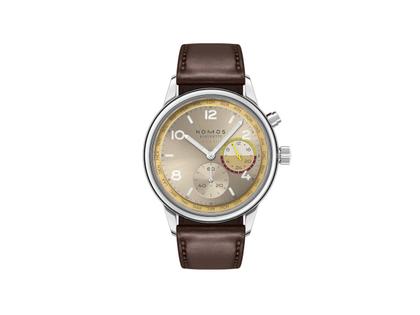 Herrenuhren Uhr ohne Datum aus Edelstahl und Leder. Das Gehäuse ist rund und silber. Das Lederarmband ist braun. Das Zifferblatt ist arabisch Index und beige.