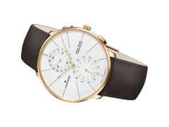 Junghans Meister Fein Chronoscope Mega Solar Funkuhr Edelstahl Roségold-PVD 39mm weißes Zifferblatt braunes Lederband – Herrenuhren Uhr mit Datum aus Edelstahl und PVD beschichtet. Das Gehäuse ist rund und roségold. Das Lederarmband ist braun. Das Zifferblatt ist ein Index in weiß. – Ansicht 2