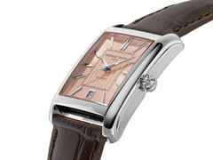 Frederique Constant Classics Carree Automatik Edelstahl 42mm roséfarbenes Zifferblatt braunes Lederband – Herrenuhren Uhr mit Datum aus Edelstahl und Leder. Das Gehäuse ist rechteckig und silber. Das Lederarmband ist braun. Das Zifferblatt ist ein Index in roségold. – Ansicht 2