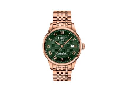 Tissot LeLocle Automatik Edelstahl Roségold-PVD 39mm grünes Zifferblatt Metallband – Herrenuhren Uhr mit Datum aus 750 Rotgold und Edelstahl. Das Gehäuse ist rund und roségold. Das Edelstahlarmband ist roségold. Das Zifferblatt ist römisch und grün.