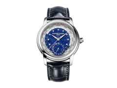 Frederique Constant Classics Worldtimer Manufacture GMT Automatik Edelstahl 42mm blaues Zifferblatt Lapislazuli blaues Lederband Limited Edition – Herrenuhren Uhr mit Datum aus Edelstahl und Leder. Das Gehäuse ist rund und silber. Das Lederarmband Kroko / Alligator ist blau. Das Zifferblatt ist ein Index in blau.