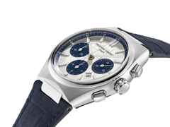 Frederique Constant Highlife Chronograph Automatic Edelstahl 41mm weiß-blaues Zifferblatt blaues Lederband Limited Edition – Herrenuhren Chronograph aus Edelstahl und Leder. Das Gehäuse ist rund und silber. Das Lederarmband ist blau. Das Zifferblatt ist ein Index in weiß. – Ansicht 3