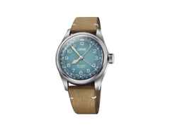 Oris Big Crown  X Cervo Volante Automatik Edelstahl 38mm blaues Zifferblatt braunes Lederband – Herrenuhren Uhr mit Datum aus Edelstahl. Das Gehäuse ist rund und silber. Das Lederarmband ist braun. Das Zifferblatt ist arabisch und blau.