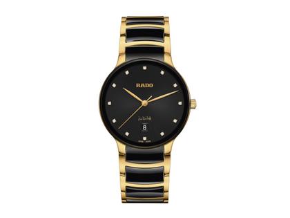 Rado Centrix Diamonds Quarz Edelstahl Gelbgold-PVD 39,5mm schwarzes Zifferblatt mit Brillanten Metallband – Herrenuhren Uhr mit Datum aus Edelstahl, Keramik und PVD beschichtet. Das Gehäuse ist rund und schwarz. Das Keramikarmband ist mehrfarbig. Das Zifferblatt ist ein Index in schwarz.