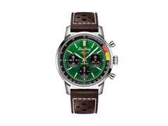 Breitling Top Time B01 Ford Mustang Automatik Edelstahl 41mm grünes Zifferblatt braunes Lederband – Herrenuhren Chronograph aus Edelstahl. Das Gehäuse ist rund und silber. Das Lederarmband ist braun. Das Zifferblatt ist ein Index in grün.