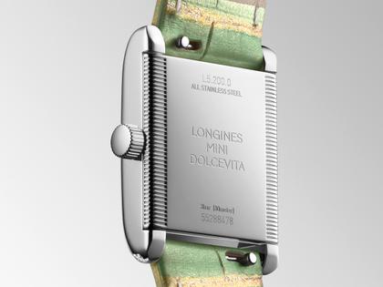Longines DolceVita   Mini Quarz Edelstahl 22x29mm Brillantbesatz grünes Zifferblatt grünes Lederband – Damenuhren Uhr ohne Datum aus Edelstahl, Leder und vergoldet. Das Gehäuse ist rechteckig und silber. Das Lederarmband Kroko / Alligator ist grün. Das Zifferblatt ist römisch und grün. – Ansicht 4