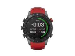 Garmin MARQ Driver digital Performance Edition rotes Silikonband – Herrenuhren Uhr Multifunktion aus DLC beschichtet und Titan. Das Gehäuse ist rund und grau. Das Kautschuk / Kunststoff / Silikon Armband ist rot. Das Zifferblatt ist digital und schwarz.