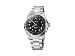 Oris Big Crown Pointer Date Automatik Edelstahl 40mm schwarzes Zifferblatt Metallband – Herrenuhren Uhr mit Datum aus Edelstahl. Das Gehäuse ist rund und silber. Das Edelstahlarmband ist silber. Das Zifferblatt ist arabisch und schwarz.