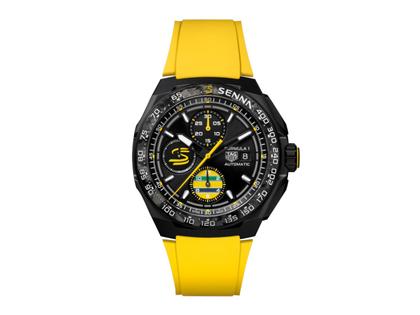 TAG Heuer Formula 1 Chronograph X Senna Automatik Titan 44mm Schwarz-DLC schwarzes Zifferblatt gelbes Kautschukband – Herrenuhren Chronograph aus Carbon, DLC beschichtet, Edelstahl, Kautschuk und Titan. Das Gehäuse ist rund und schwarz. Das Kautschuk / Kunststoff / Silikon Armband ist gelb. Das Zifferblatt ist ein Index in schwarz.