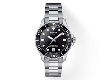 Tissot Seastar 1000 Quarz Edelstahl 36 mm schwarz Edelstahlband – Damenuhren Uhr mit Datum aus Edelstahl und Keramik. Das Gehäuse ist rund und silber. Das Edelstahlarmband ist silber. Das Zifferblatt ist ein Index in weiß.