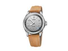 Oris Big Crown Pointer Date Lou Gehrig Limited Edition Automatik Edelstahl 40mm silbernes Zifferblatt braunes Lederband – Herrenuhren Uhr mit Datum aus Edelstahl und Leder. Das Gehäuse ist rund und silber. Das Lederarmband ist braun. Das Zifferblatt ist arabisch Index und silber.