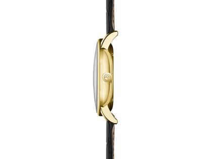 Sternglas Sedius Quarz Edelstahl PVD-Gelbgold 40mm schwarzes Zifferblatt schwarzes Lederband – Herrenuhren Uhr ohne Datum aus Edelstahl, Leder und PVD beschichtet. Das Gehäuse ist rund und gelbgold. Das Lederarmband ist schwarz. Das Zifferblatt ist arabisch Index und schwarz. – Ansicht 2