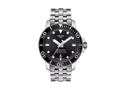 Tissot Seastar 1000 Automatik Edelstahl 43mm schwarzes Zifferblatt Metallband – Herrenuhren Uhr mit Datum aus Edelstahl und Keramik. Das Gehäuse ist rund und silber. Das Edelstahlarmband ist silber. Das Zifferblatt ist ein Index in schwarz.