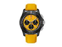 Breitling Avenger B01 Chronograph 44 Night Mission Automatik Keramik gelbes Zifferblatt gelbes Lederband – Herrenuhren Chronograph aus Keramik, Leder und Titan. Das Gehäuse ist rund und schwarz. Das Lederarmband ist gelb. Das Zifferblatt ist ein Index in gelb.