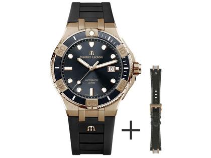 Maurice Lacroix Aikon Venturer Automatik Bronze 43mm graues Zifferblatt schwarzes Lederband und Kautschukband limitiert – Herrenuhren Uhr mit Datum aus Bronze. Das Gehäuse ist rund und roségold. Das Lederarmband ist schwarz. Das Zifferblatt ist ein Index in grau. – Ansicht 3