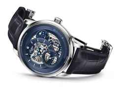 Glashütte Original PanoMaticCalendar Automatik Platin 42mm skelettiertes Zifferblatt blaues Lederband limitiert – Herrenuhren Uhr mit Kalender aus 750 Weißgold, 950 Platin und Leder. Das Gehäuse ist rund und silber. Das Lederarmband Kroko / Alligator ist blau. Das Zifferblatt ist ein Index in blau. – Ansicht 9
