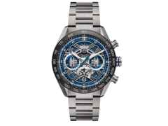 TAG Heuer Carrera Chronograph Extreme Sport Automatik Titan 44mm skelettiertes Zifferblatt Metallband – Herrenuhren Chronograph aus Keramik und Titan. Das Gehäuse ist rund und silber. Das Edelstahlarmband ist silber. Das Zifferblatt ist skelettiert und blau.