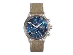 Sinn Spezialuhren 358 Sa Flieger B E Chronograph Automatik Edelstahl 42mm blaues Zifferblatt braunes Textilband – Herrenuhren Chronograph aus Edelstahl. Das Gehäuse ist rund und silber. Das Lederarmband ist braun. Das Zifferblatt ist arabisch Index und blau.