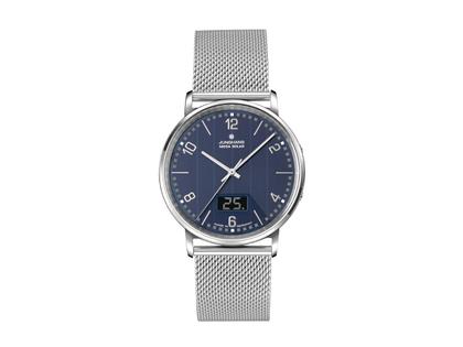 Herrenuhren Uhr mit Datum aus Edelstahl. Das Gehäuse ist rund und silber. Das Edelstahlarmband ist silber. Das Zifferblatt ist ein Index in blau.