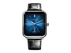 H. Moser & Cie. H. Moser Swiss Alp Watch Small Second Blau Fumé Handaufzug Weißgold 38x44mm blaues Zifferblatt schwarzes Lederband – Herrenuhren Uhr ohne Datum aus 750 Weißgold. Das Gehäuse ist rechteckig und silber. Das Lederarmband Kroko / Alligator ist schwarz. Das Zifferblatt ist ein Index in blau.
