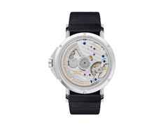Nomos Glashütte Ahoi neomatik 38 Datum Atlantik Automatik Edelstahl dunkelblaues Zifferblatt dunkelblaues Textilband Glasboden – Herrenuhren Uhr mit Datum aus Edelstahl. Das Gehäuse ist rund und silber. Das Textilarmband ist blau. Das Zifferblatt ist arabisch Index und blau. – Ansicht 2