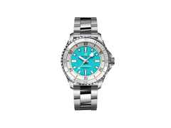 Breitling Superocean Automatic 36 Edelstahl blaues Zifferblatt Metallband – Damenuhren Uhr ohne Datum aus Edelstahl und Keramik. Das Gehäuse ist rund und silber. Das Edelstahlarmband ist silber. Das Zifferblatt ist ein Index in blau.