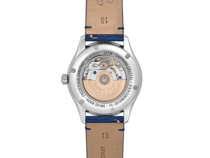 Frederique Constant Classics Elegance Luna Automatik Edelstahl 36mm weißes Zifferblatt blaues Lederband – Damenuhren Uhr ohne Datum aus Edelstahl und Leder. Das Gehäuse ist rund und silber. Das Lederarmband ist blau. Das Zifferblatt ist römisch und weiß. – Ansicht 3