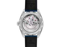 Omega Seamaster Aqua Terra 150M Automatik Edelstahl 41mm blaues Zifferblatt Lederband – Herrenuhren Uhr mit Datum aus Edelstahl. Das Gehäuse ist rund und silber. Das Lederarmband Kroko / Alligator ist blau. Das Zifferblatt ist ein Index in blau. – Ansicht 4
