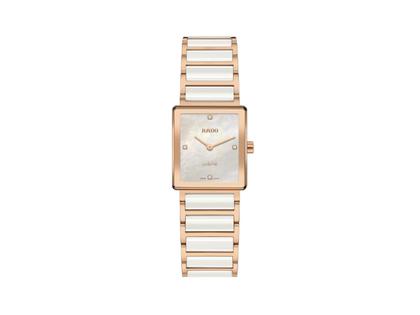 Damenuhren Uhr ohne Datum aus Edelstahl, Keramik und PVD beschichtet. Das Gehäuse ist rechteckig und roségold. Das Keramikarmband ist weiß. Das Zifferblatt ist ein Index in weiß.