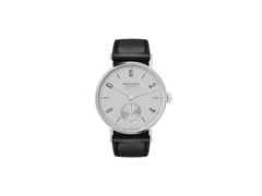 Nomos Glashütte Tangente 35 neomatik Platingrau Automatik Edelstahl 35mm graues Zifferblatt schwarzes Lederband Stahlboden – Damenuhren Uhr ohne Datum aus Edelstahl. Das Gehäuse ist rund und silber. Das Lederarmband ist schwarz. Das Zifferblatt ist arabisch Index und silber.