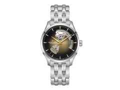 Hamilton Jazzmaster Open Heart Automatik Edelstahl 40mm braunes Zifferblatt Metallband – Herrenuhren Uhr ohne Datum aus Edelstahl. Das Gehäuse ist rund und silber. Das Edelstahlarmband ist silber. Das Zifferblatt ist ein Index in braun.