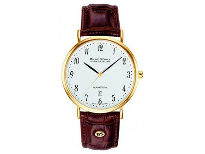 Bruno Söhnle Glashütte Nabucco arabisch weiß gelb IP Lederband groß – Herrenuhren Uhr mit Datum aus Edelstahl und vergoldet. Das Armband ist ein Lederarmband. Der Zifferblatt ist arabisch.