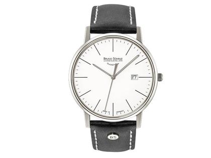Bruno Söhnle Glashütte Stuttgart I BIG Quarz silber Index Lederband schwarz – Herrenuhren Uhr mit Datum aus Edelstahl und Leder. Das Gehäuse ist rund und silber. Das Lederarmband ist schwarz. Das Zifferblatt ist ein Index in silber.