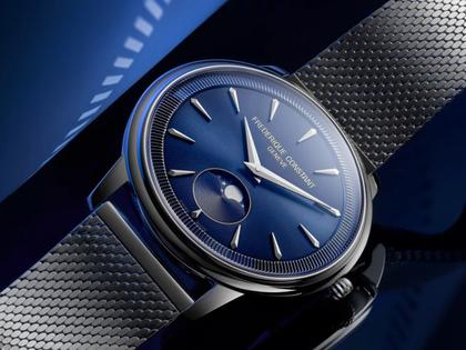 Frederique Constant Classics Moneta Moonphase Quarz Edelstahl 37mm blaues Zifferblatt Metallband – Herrenuhren Uhr ohne Datum aus Edelstahl und Leder. Das Gehäuse ist rund und silber. Das Edelstahlarmband ist silber. Das Zifferblatt ist ein Index in blau. – Ansicht 5