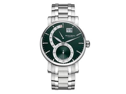 Bruno Söhnle Glashütte Pesaro II Quarz Edelstahl 43mm grünes Zifferblatt Metallband – Herrenuhren Uhr mit Datum aus Edelstahl. Das Gehäuse ist rund und silber. Das Edelstahlarmband ist silber. Das Zifferblatt ist ein Index in grün.
